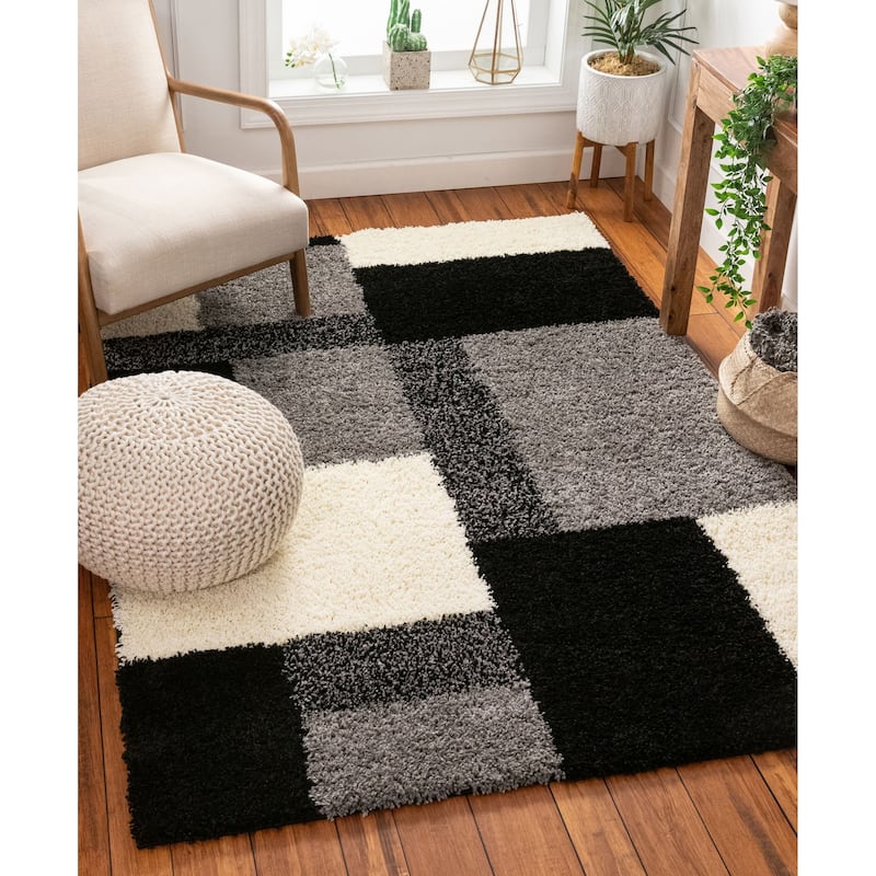 Well Woven Modern Geometric Squares Black Area Rug - 6'7" x 9'10"