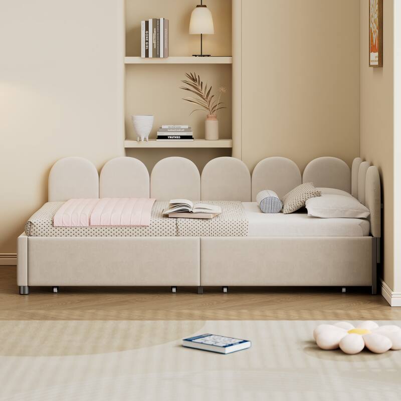 Twin Size Upholstered Daybed with 2 Storage Drawers, Velvet Sofabed with Soft Fabric Headboard, No Box Spring Needed