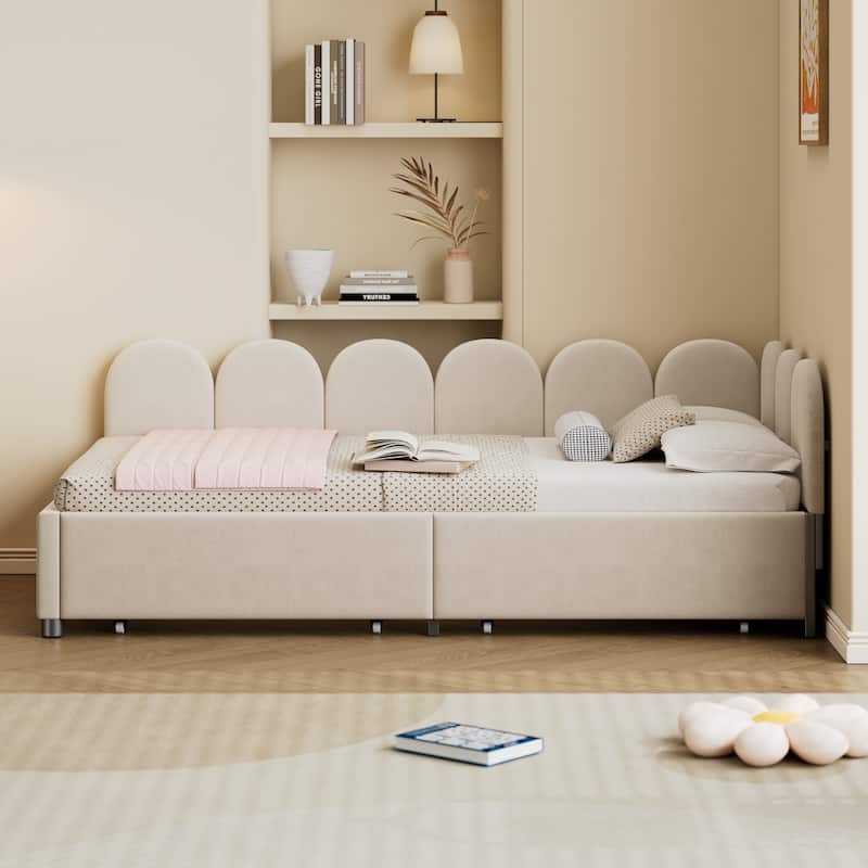 Twin Size Velvet Upholstered Daybed with 2 Drawers and Soft Fabric Headboard for Bedroom