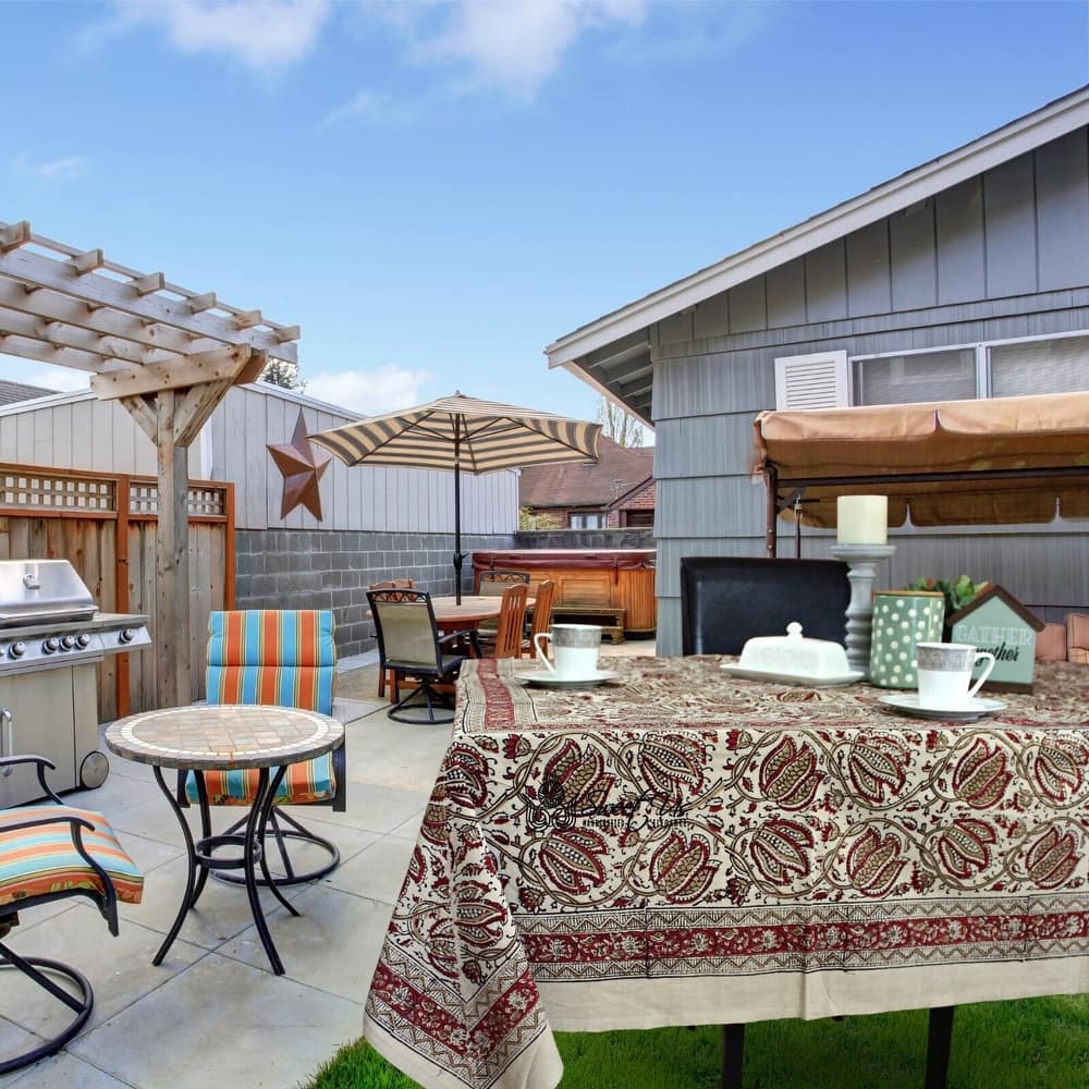 Cotton Vegetable Dye Block Print Rustic Vintage Floral Tablecloth