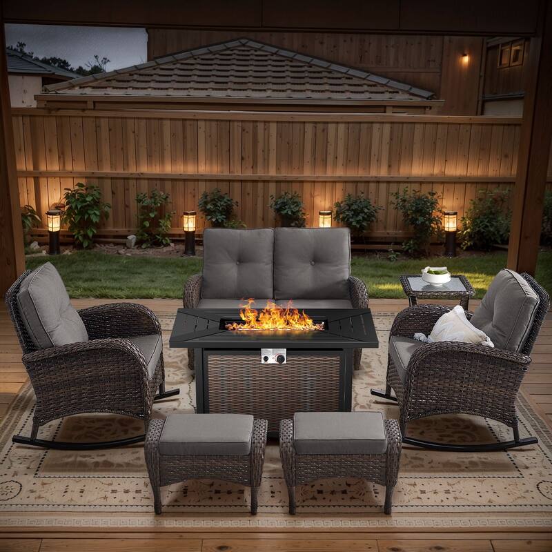 Gymojoy Outdoor Fire Pit Conversation Set, Loveseat Glider Sofa & Chairs - Patio Furniture Set - 7-Piece included Rocking Chairs & Ottomans - Grey