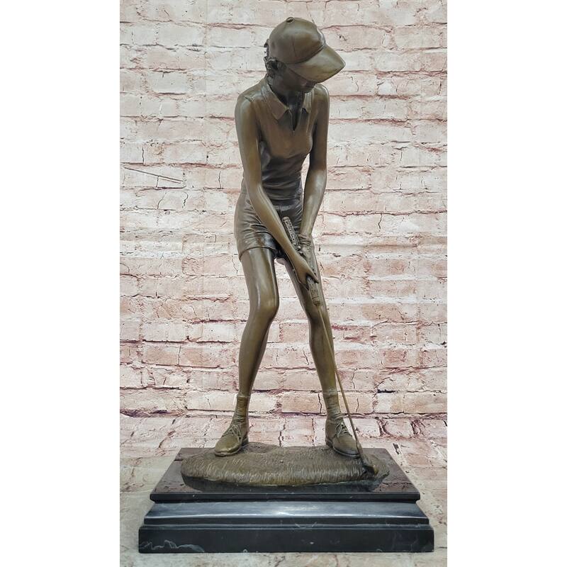 Bronze Female Golfer Sculpture – Lady Putting Golf Statue On Marble Base