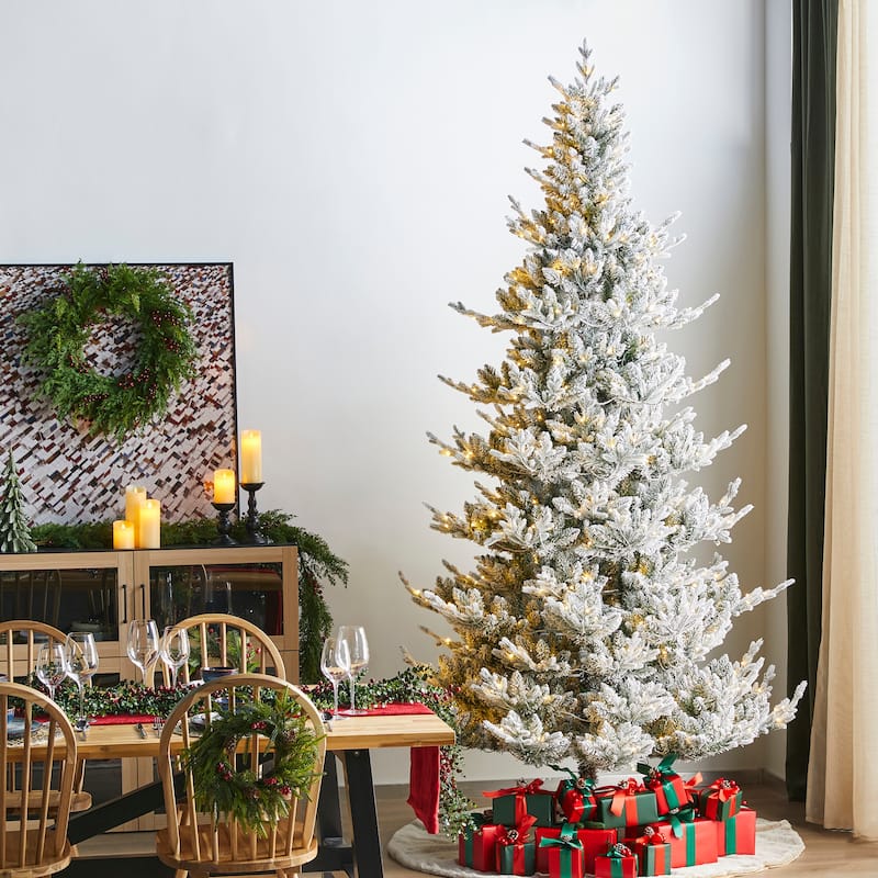 Glitzhome Snow Flocked Upward Slim Fir 7.5' or 9' Artificial Christmas Tree with LED Lights & Remote Control
