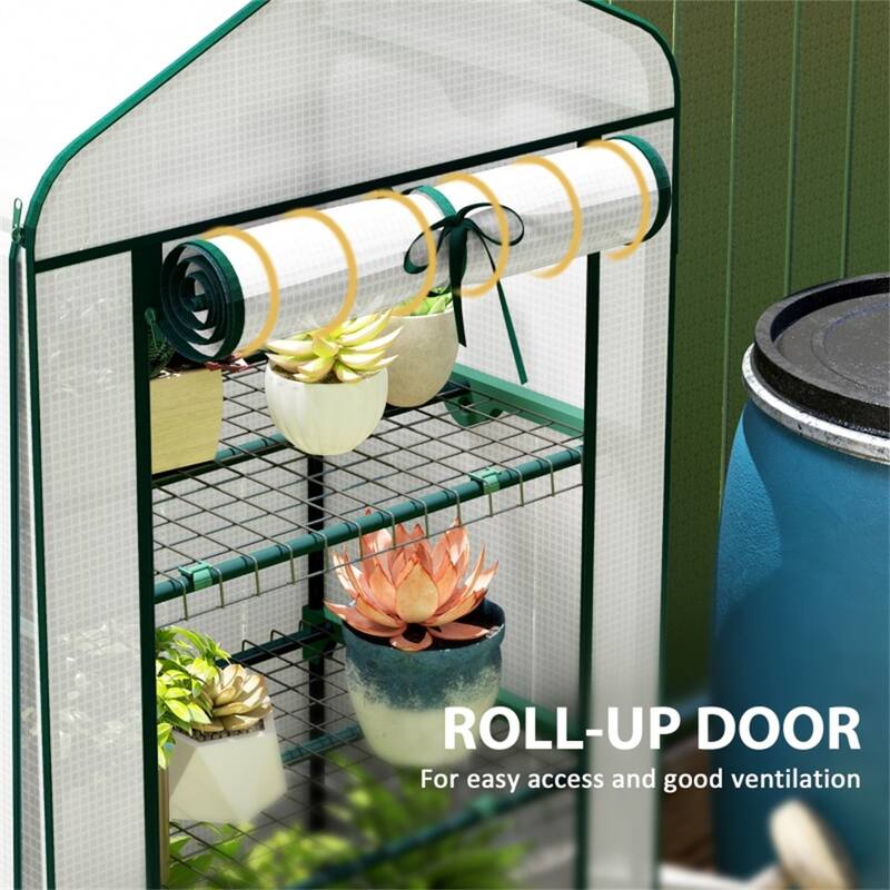 White Steel PE Cover 4-Tier Mini Greenhouse with Roll-Up Zipper Door