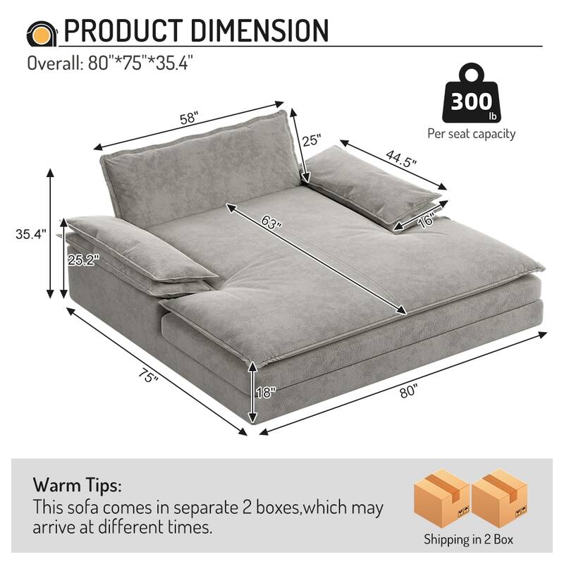 80" Oversized Double Chaise Lounge Chair, Modern Chenille Upholstered Lounge Chair with Wide Armrests, Stylish Living Room Chair