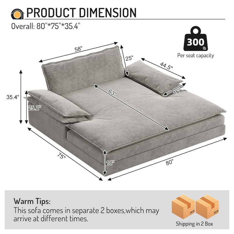 Oversized Double Chaise Lounge Chair, Upholstered Chenille Reading Chair with Large Pillows & Wide Armrests