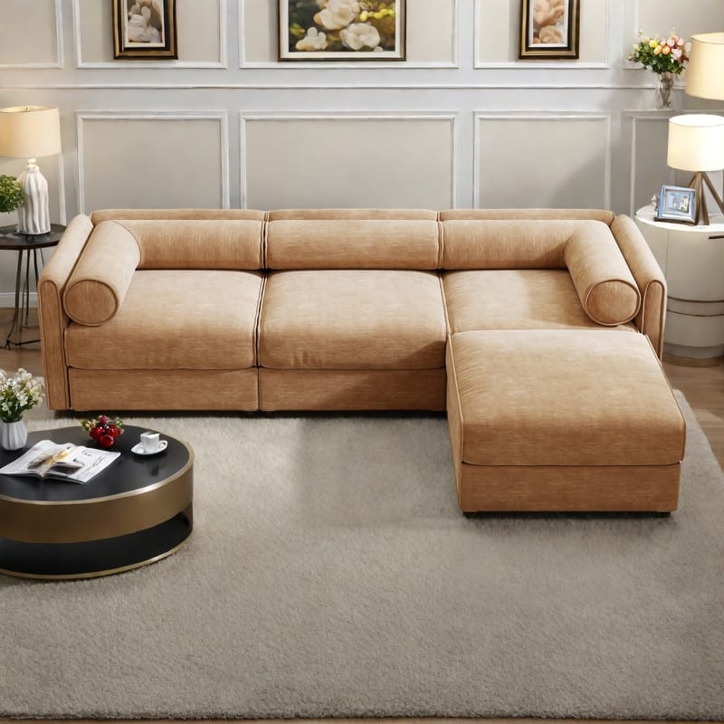 109" L-Shaped 3-Seater Chenille Sofa with Ottoman and Hidden Storage(Cylindrical Backrest Design) - Camel