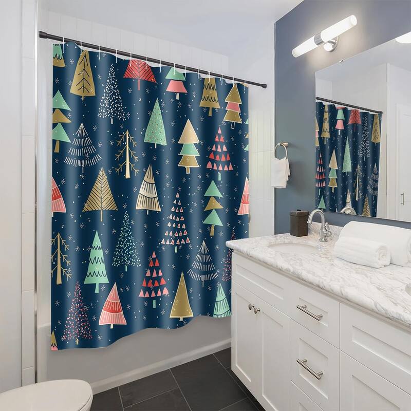 Christmas Tree Shower Curtain - Black & Green Winter Decor, 72" x 72"