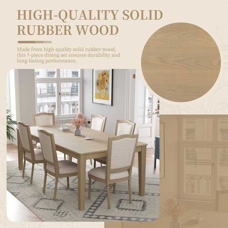 7 Piece Extendable Dining Table Set with 6 Upholstered Dining Chairs and 2 Built-in Drawers