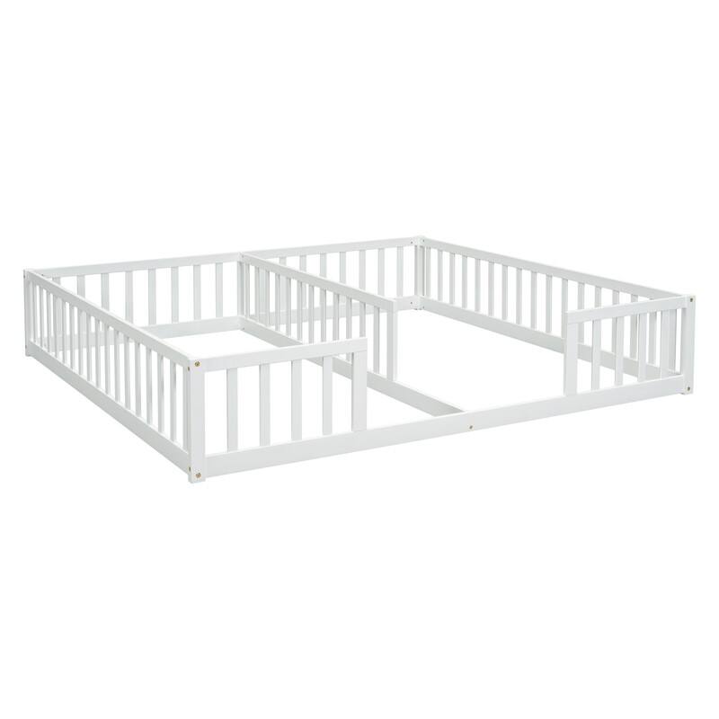 Twin Size Wood Double Floor Bed with Guardrails For Toddlers