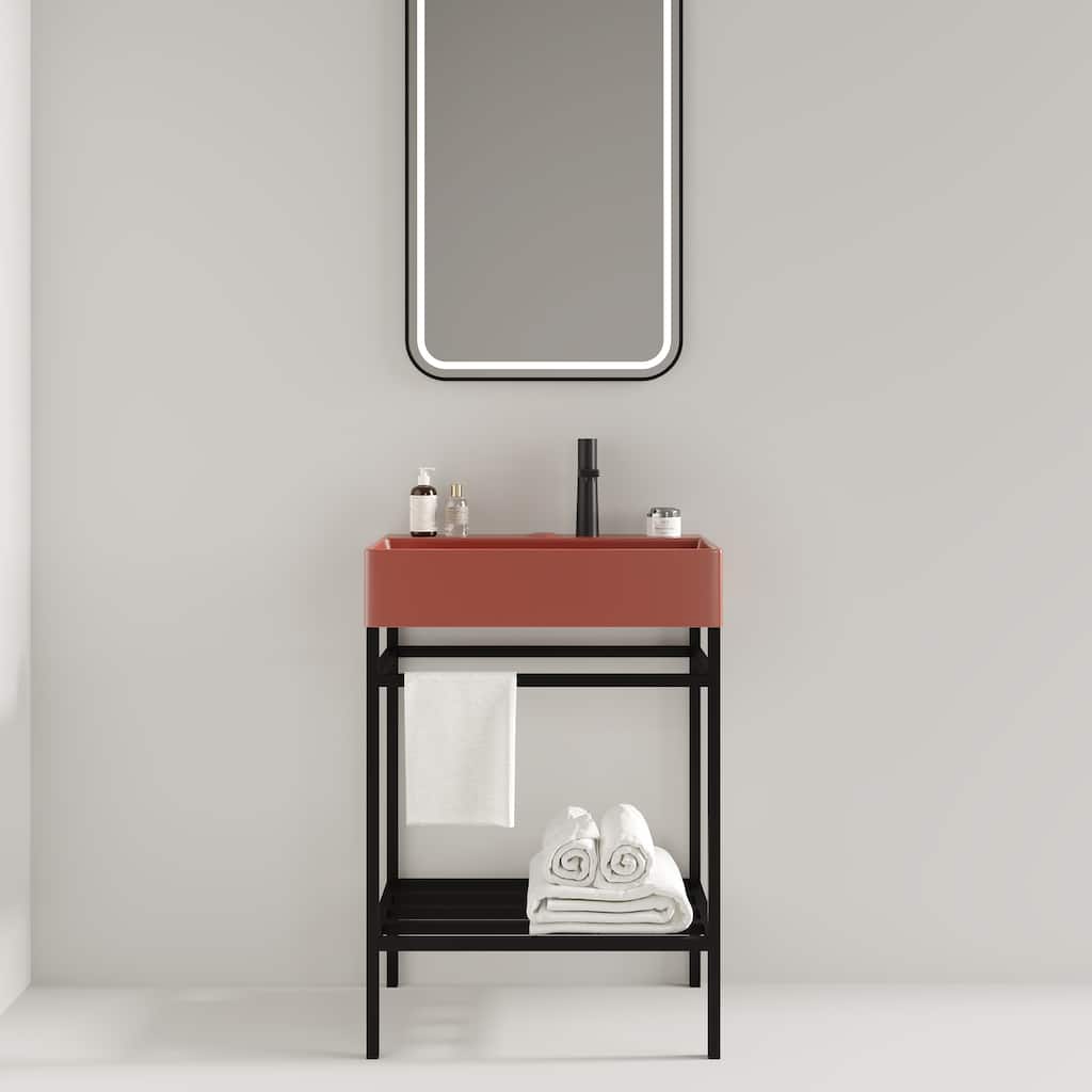 24" LOFI Freestanding Bathroom Vanity with Glossy Red Rectangular Ceramic Basin, Storage Shelves, Open Metal Leg Design