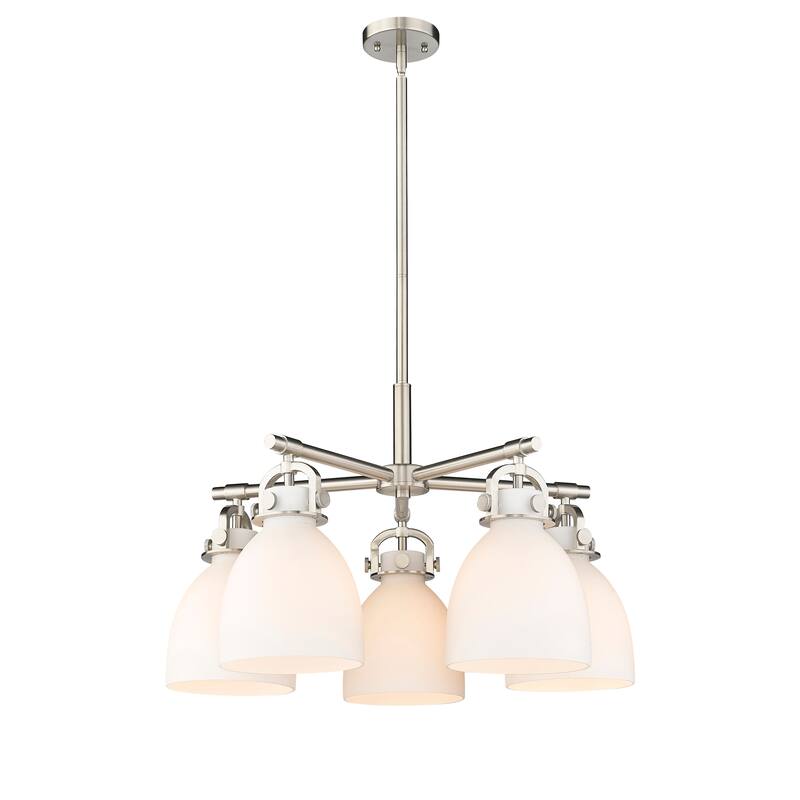 Innovations Lighting Newton Bell - 5 Light 7" Stem Hung Chandelier - Satin Nickel/Matte White