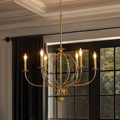 6-Light Mid-Century Modern Linear Sputnik Gold Leaf Chandelier for Living/Dining Room - 33.4 in. W x 37.8 in. H