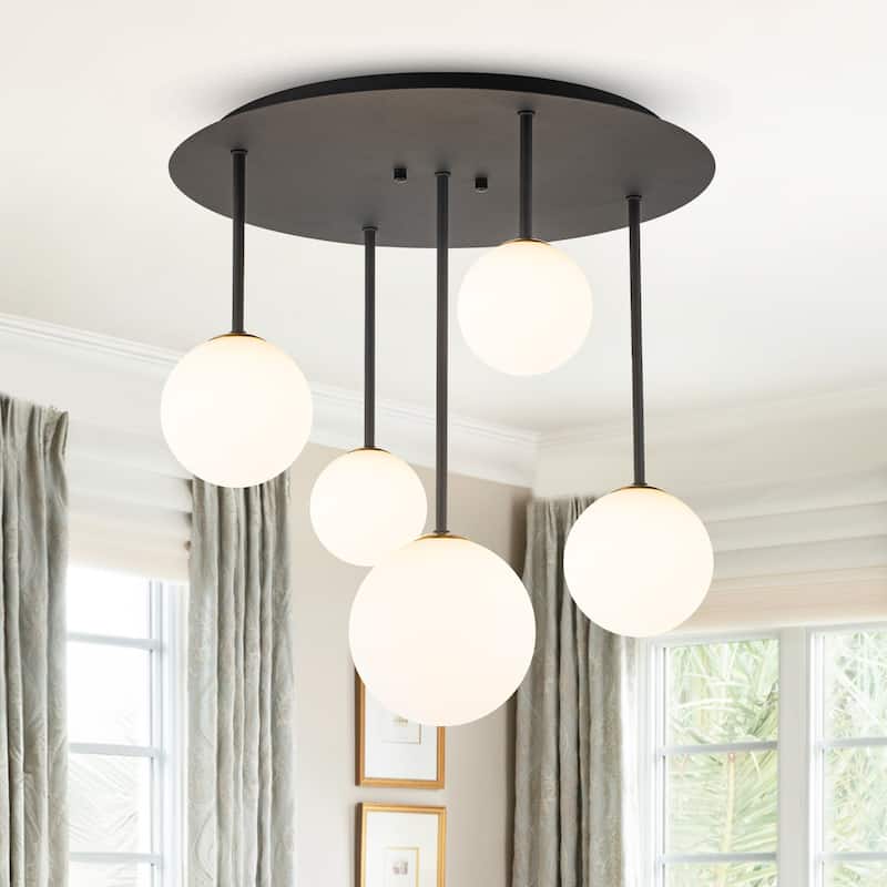 5 Light Branch Semi-Flush Mount Lighting with Milky White Glass Globes - Matte Black