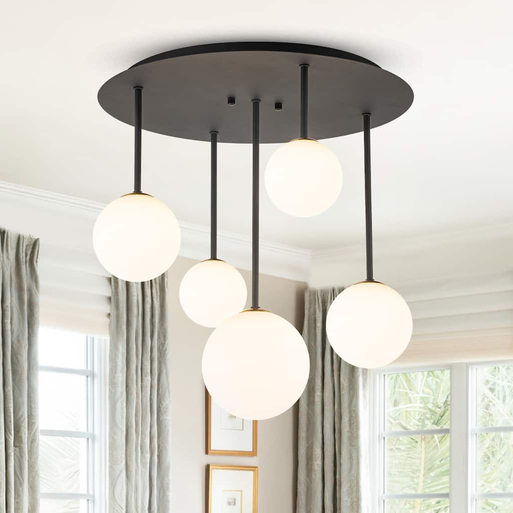 5 Light Branch Semi-Flush Mount Lighting with Milky White Glass Globes