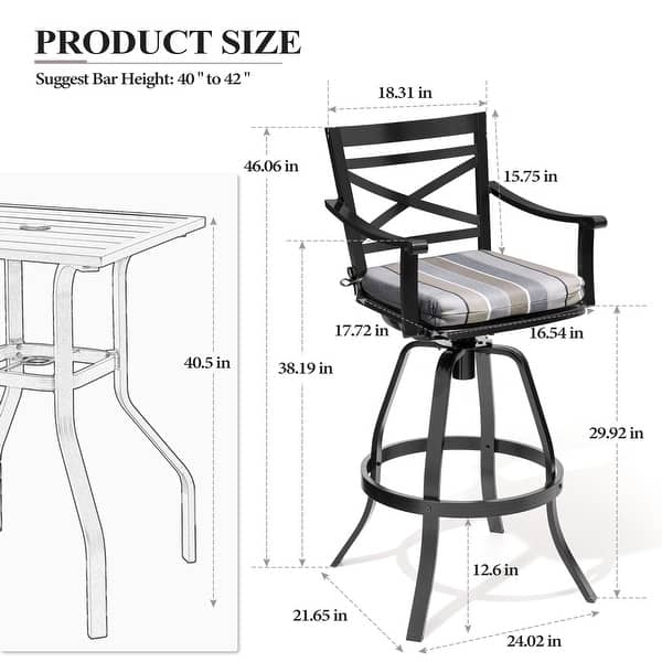 dimension image slide 3 of 15, Outdoor Cast Aluminum Sunbrella Swivel Bar Stools Patio Bar Height Barstools with Back