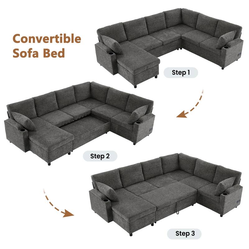 109.9" U-Shaped Convertible Sectional Sofa Bed with Storage Chaise Cup Holders Power Outlets USB Ports Chenille Couch