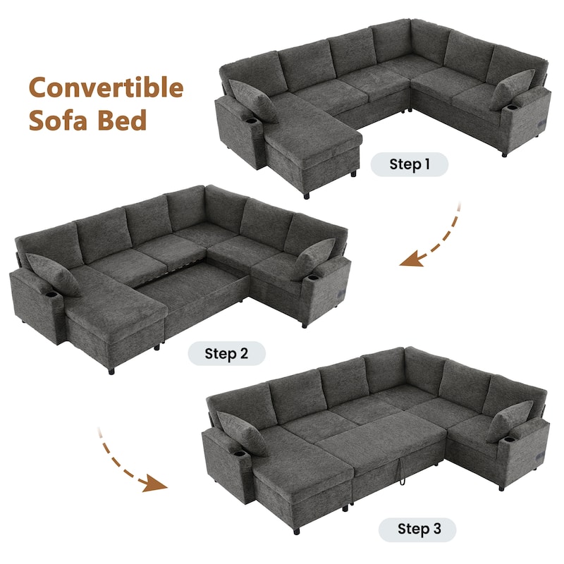 Roomfitters U-Shaped Sectional Sleeper Sofa with Storage, USB Ports and Cup Holders, Convertible Bed for Living Room