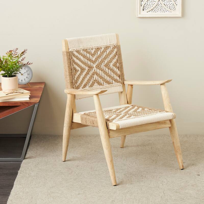 Black or White Jute Rope Handmade Living Room Accent Chair with Brown Mango Wood Frame - White