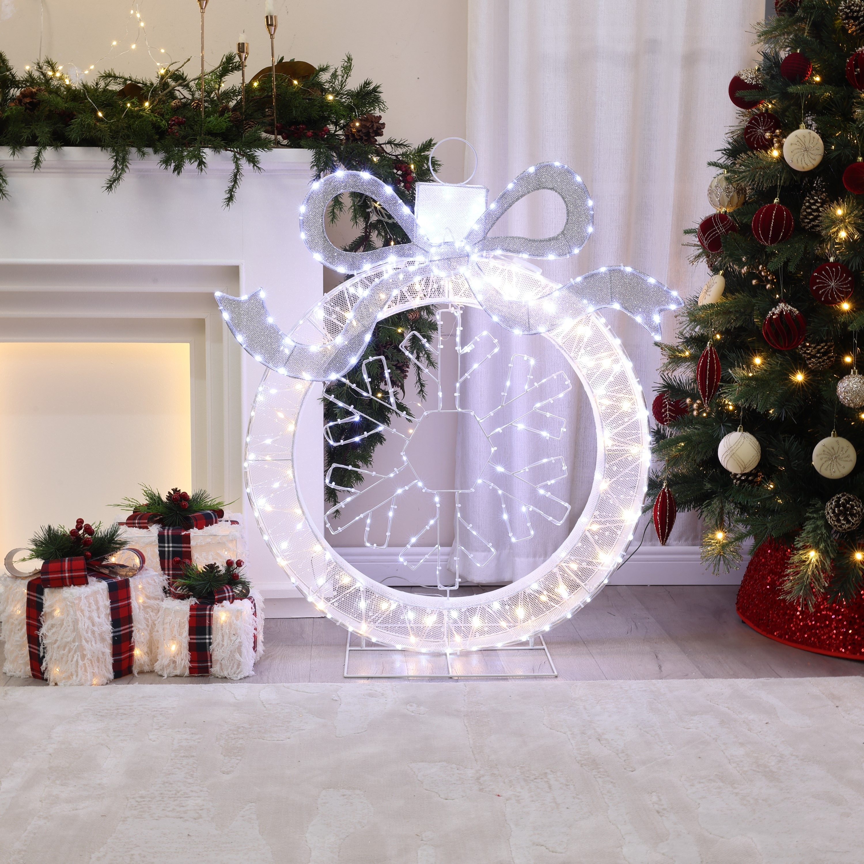 3Ft Lighted Silver & White Ornament w/ Snowflake Wreath Holiday Decoration