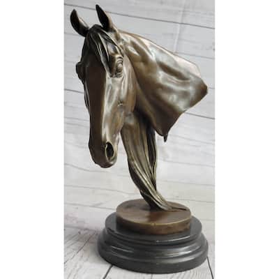 Horse Head Bust Equestrian Bronze Sculpture Statue Figure Decor On Marble Base Signed 13 Inches X 9 Inches