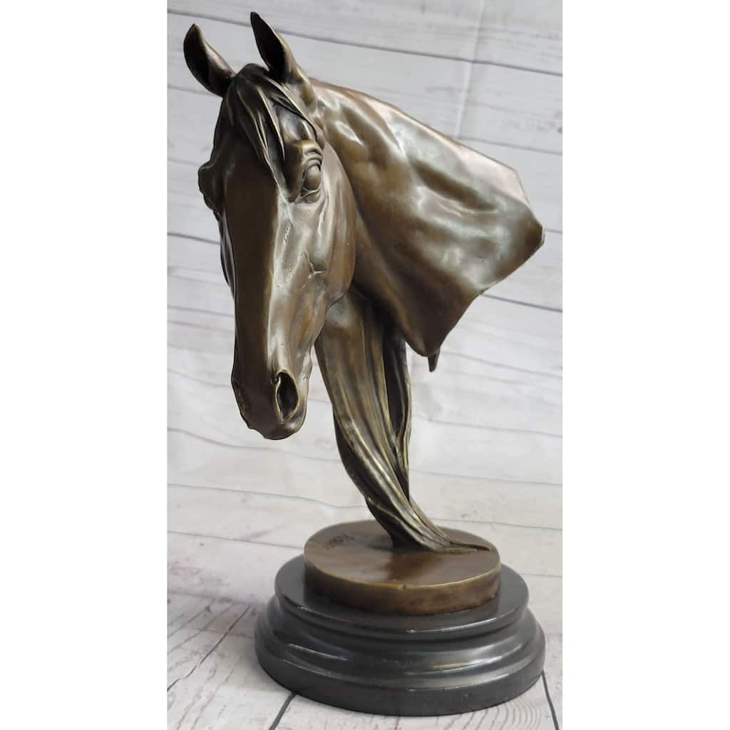 Horse Head Bust Equestrian Bronze Sculpture Statue Figure Decor On Marble Base Signed 13 Inches X 9 Inches