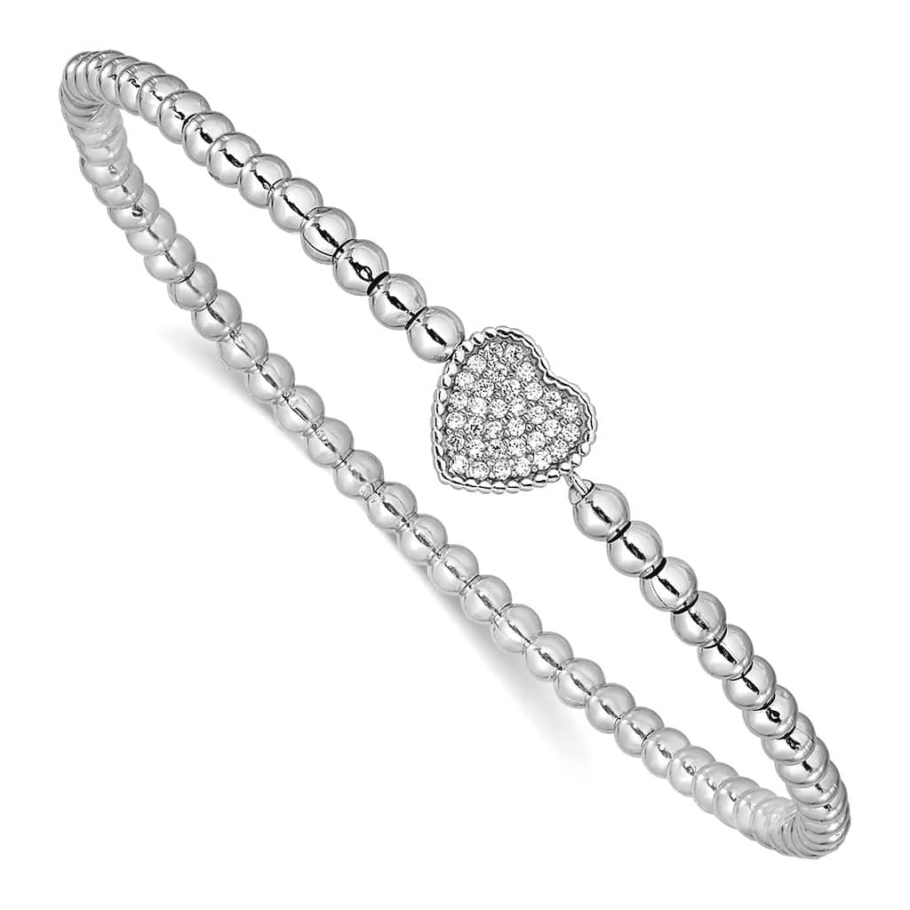 Curata Sterling Silver Rhod-plated Cubic Zirconia Heart Beaded Stretch Bracelet