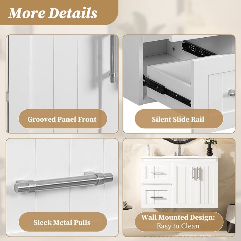 36" Wall Mounted Bathroom Vanity with 2 Drawers, Floating Vanity with Ceramic Sink & Adjustable Shelf, Modern Bathroom Storage