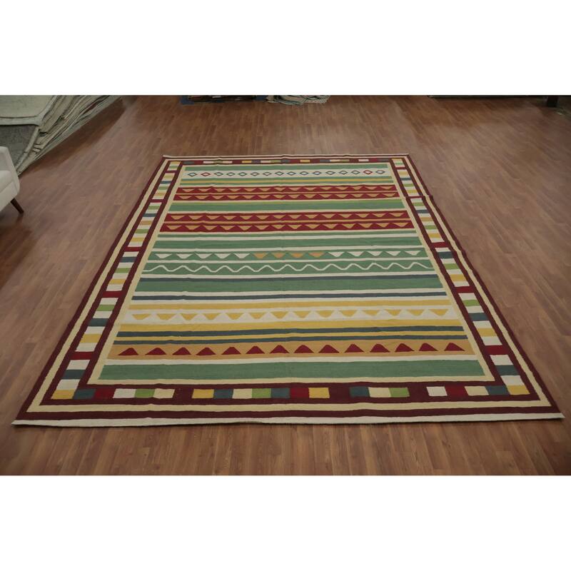 Hand Woven Oriental 100% Wool Carpet Southwestern Tribal Green Kilim Area Rug - 13' 0'' X 9' 9''