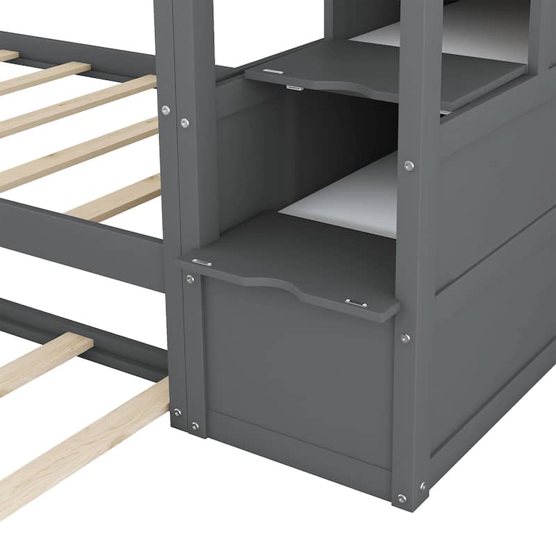 Kids Twin Ove Twin Bunk Bed with Pull-Out Trundle and 3 Storage Stairs, Safety Guardrails and Armrest