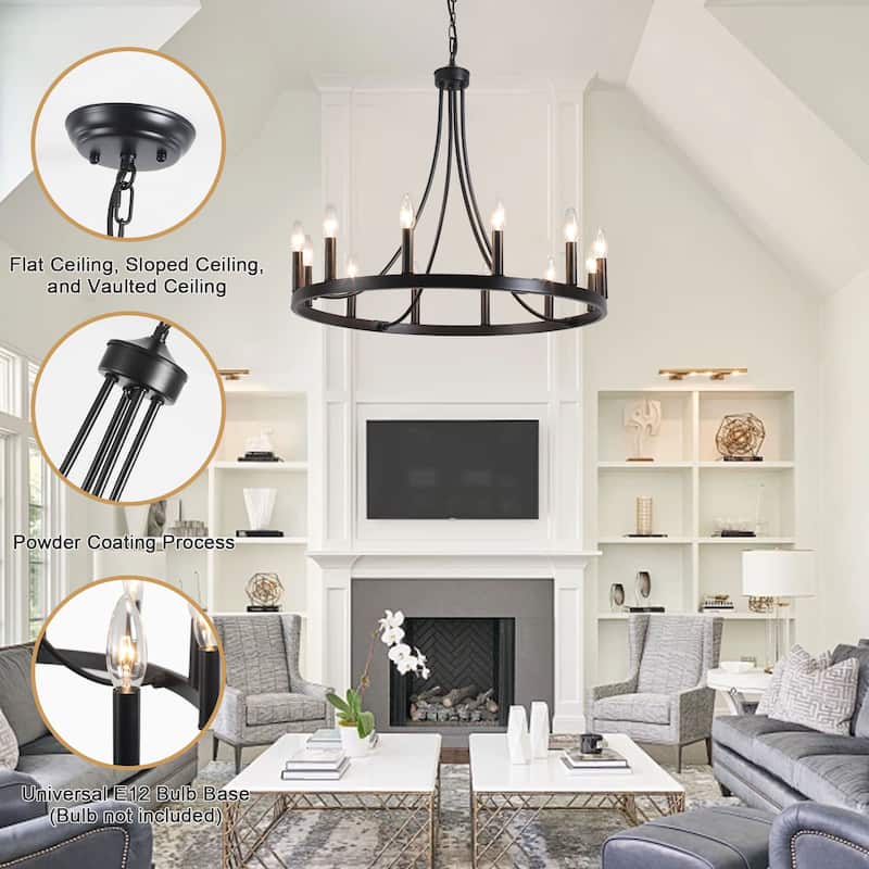 12-light Rustic Farmhouse Wagon Wheel Chandelier Candle Dining Room Lighting - N/A