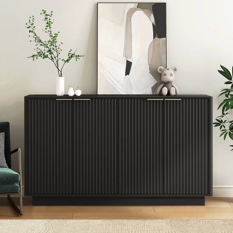 Wood 55.1" Fluted Buffet Cabinet, Credenza with Adjustable Shelves for Stylish Storage and Organization - Black