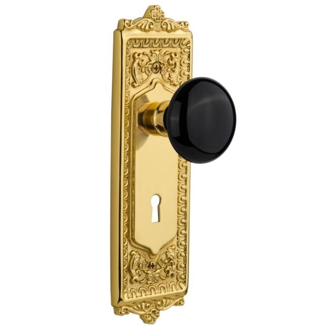 Nostalgic Warehouse Vintage Black Porcelain Privacy Door Knob Set with - Unlacquered Brass