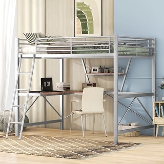 Modern Style and Multifunctional Loft Bed with Sturdy Metal Frame and Built-in Desk and Shelf, Sliver
