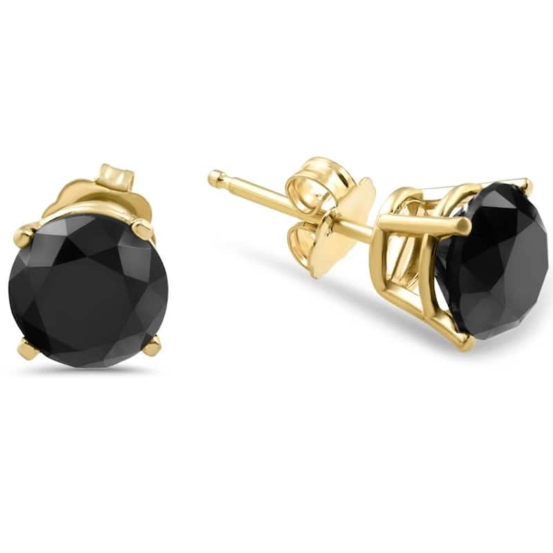 3 TCW Yellow Gold Round Black Diamond Stud Earrings