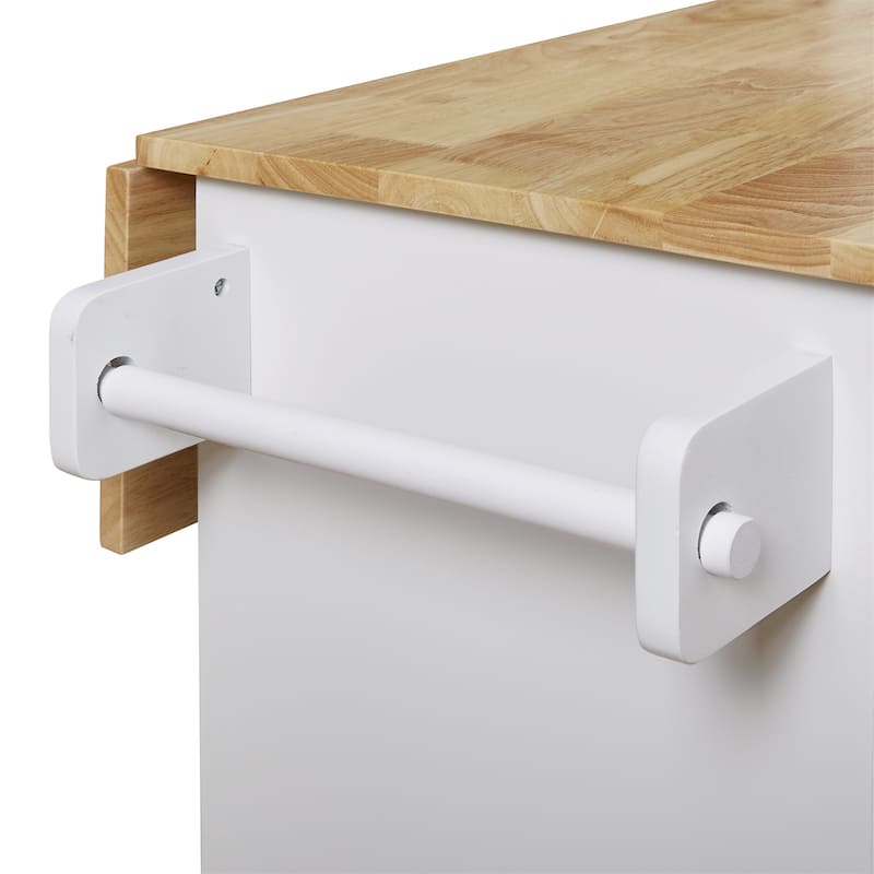 Rolling Kitchen Island w/ Rubber Wood Top, Adjustable Shelf Tower Rack