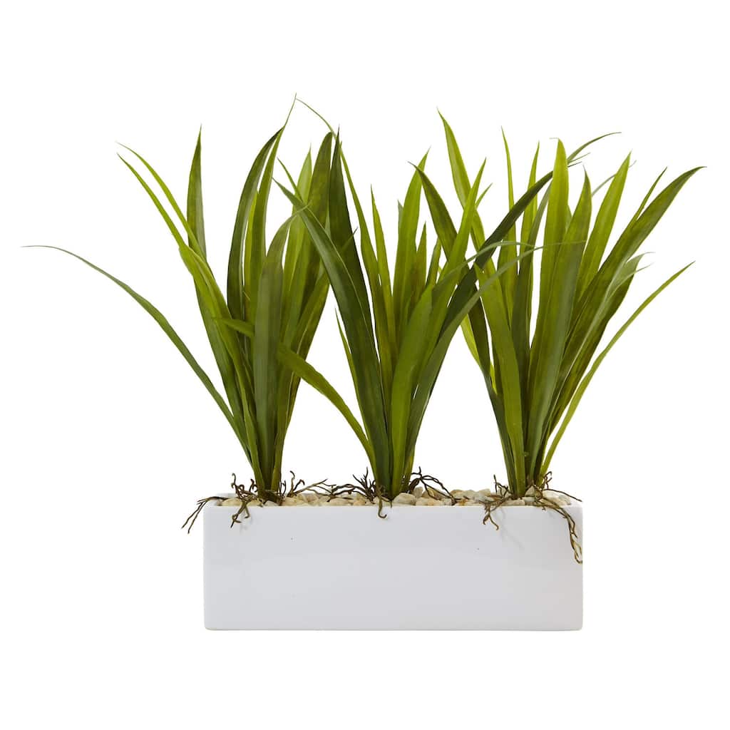 Modern Artificial Grass Planter Arrangement - 16" Tall Indoor Décor - Green