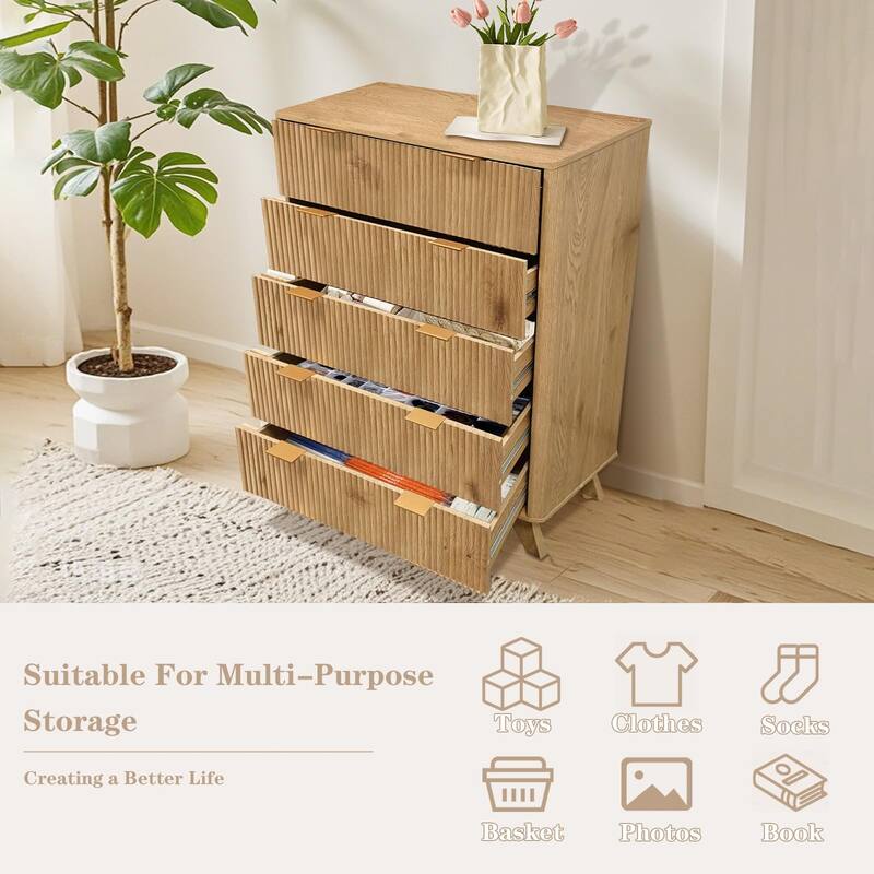 5 Drawer Fluted Dresser, 48" Tall Modern Wood Storage Chest