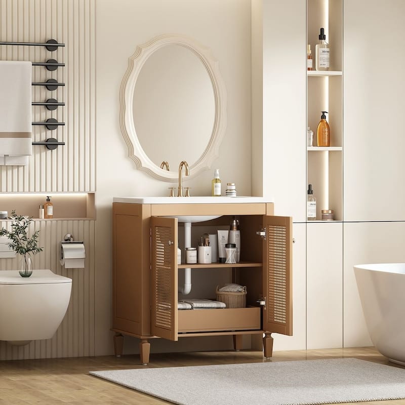 30" Wood Bathroom Vanity with Resin Sink with Hidden Drawer