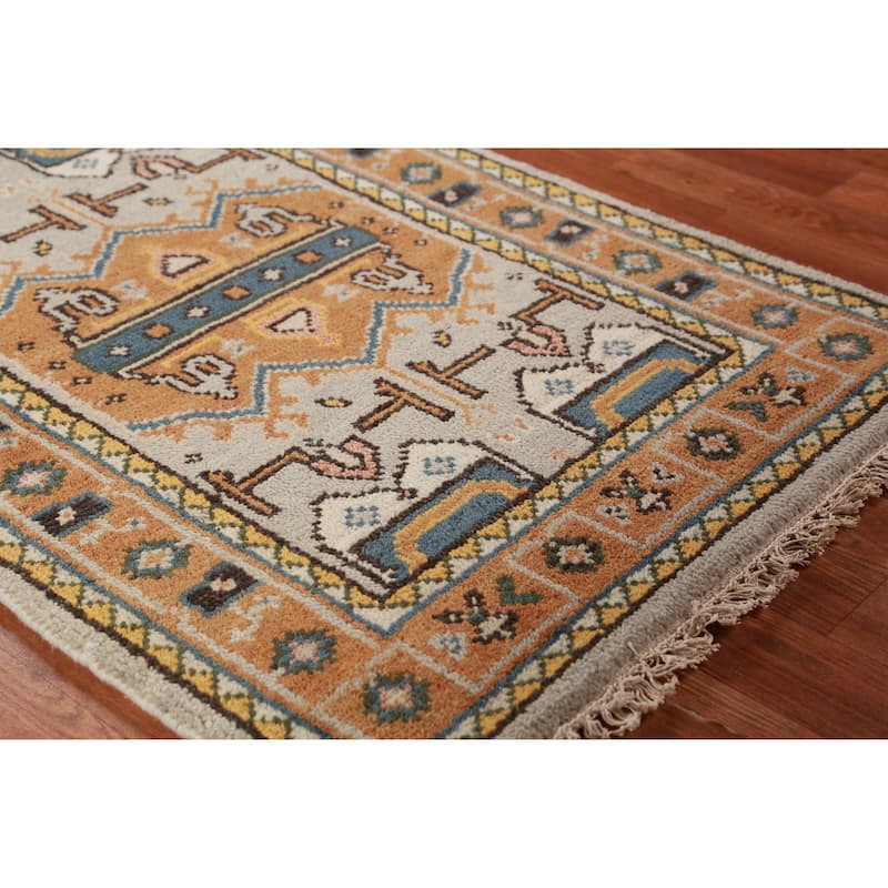 Hand Knotted Oriental 100% Wool Carpet Traditional Geometric Greys & Charcoal Heriz (serapi) Runner Rug - 8' 0'' X 2' 7''