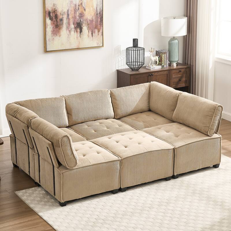 Ergonomic Lounge Modular Couch Corduroy Sectional Sofa with Deep Seat Ottoman Chaise and High-Rebound Thick Cushions