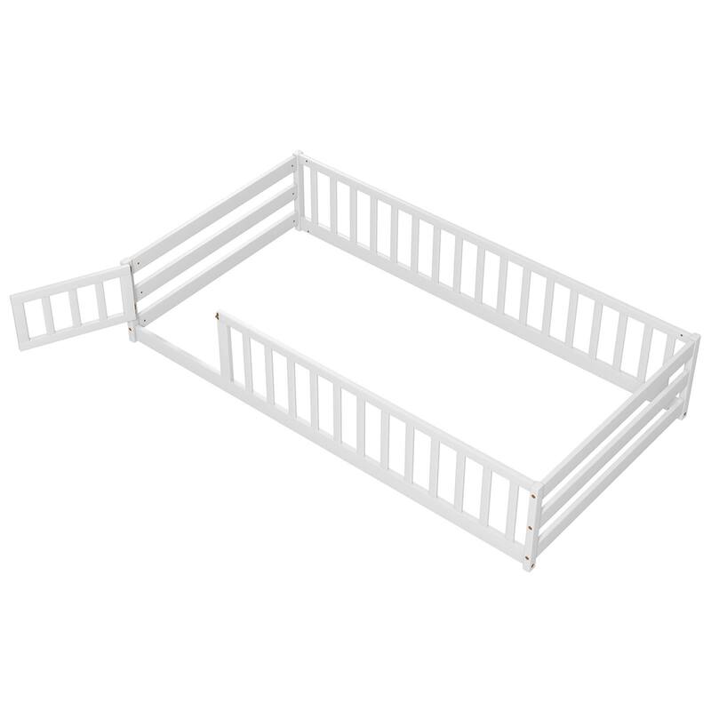 Costway Twin Size Floor Bed with Door & Fence with Safety Guardrails &
