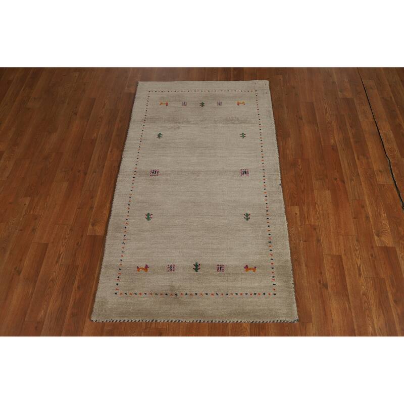 Hand Knotted Oriental 100% Wool Carpet Tribal Animal Pictorial Beige & Ivories Gabbeh Area Rug - 4' 10'' X 2' 9''