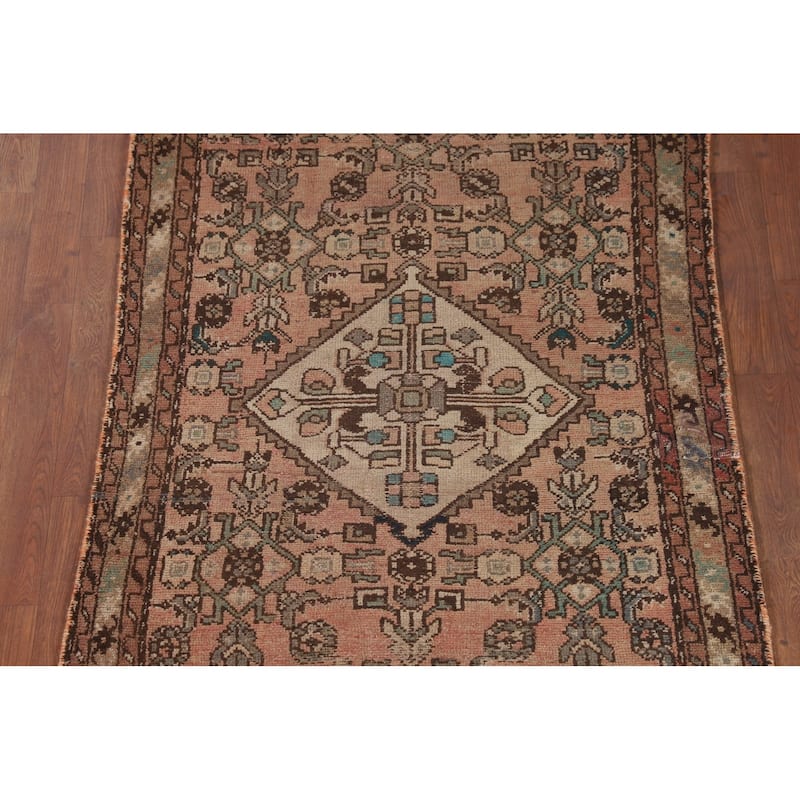 Distressed Hamedan Persian Vintage Runner Rug Handmade Wool Carpet - 3'4" x 9'8"