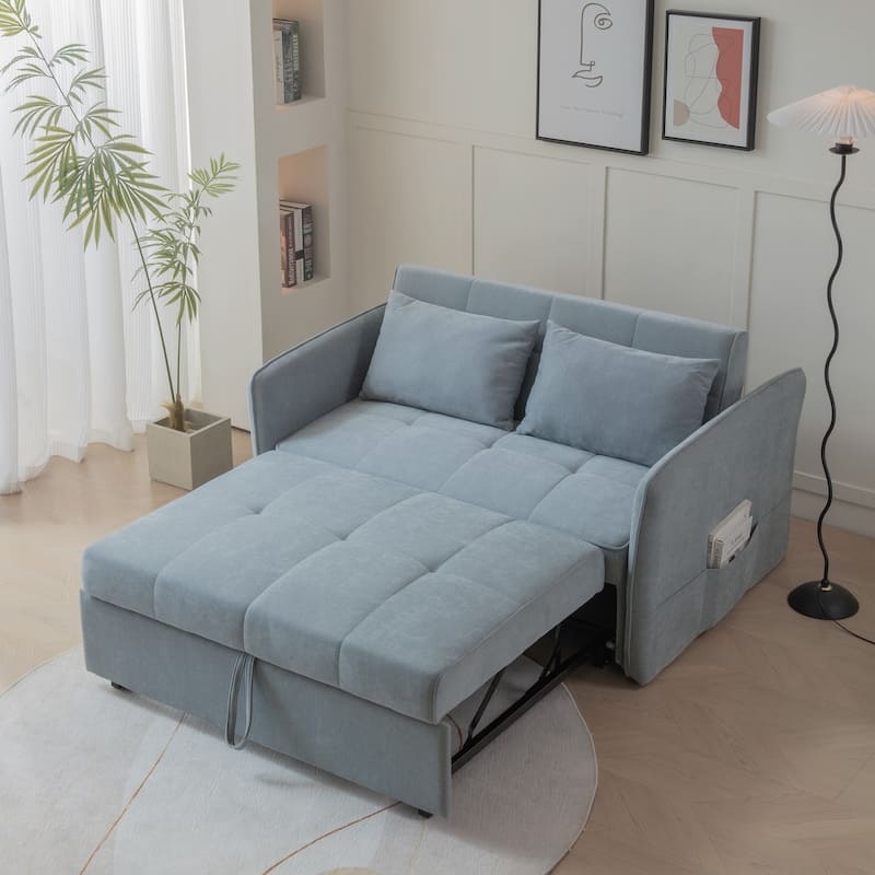 Chenille Fabric Loveseat Pull-out Sofa Bed with Adjustable Armrests