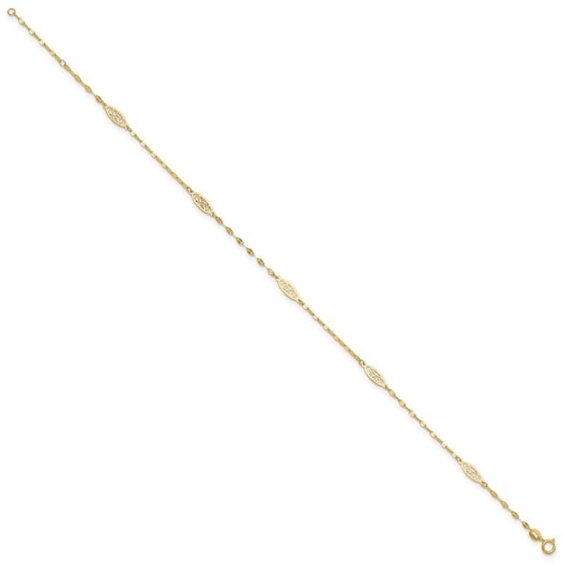 Curata 14k Yellow Gold 9+1" Textured Filigree Medallion Station Valentino Chain Anklet (Spring-ring)