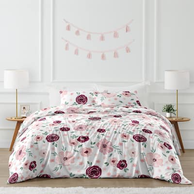 Burgundy Pink Watercolor Floral Girl 3pc Full Queen Comforter Set - Blush Maroon Wine Rose Green Shabby Chic Flower Farmhouse