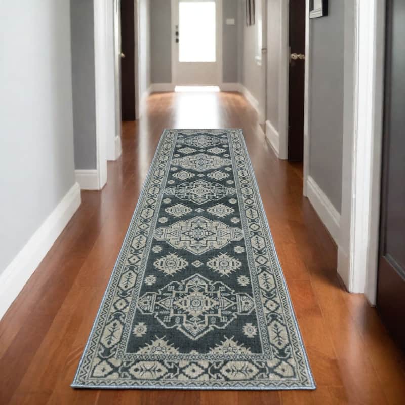 HomeRootsMedallion Traditional Rectangle Area Rug - 90.55' X '26.77' X '0.39 - Blue/Gray
