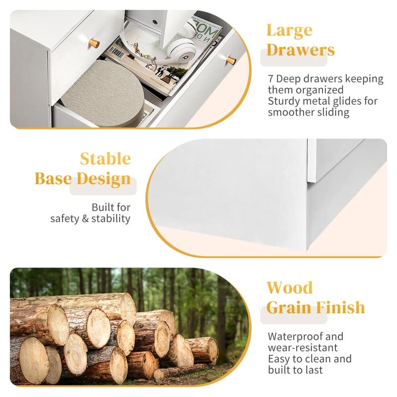 Large 7-Drawer Dresser For Bedroom And Chest Of Drawers With Sturdy Construction Wood Storage Organizer For Closet