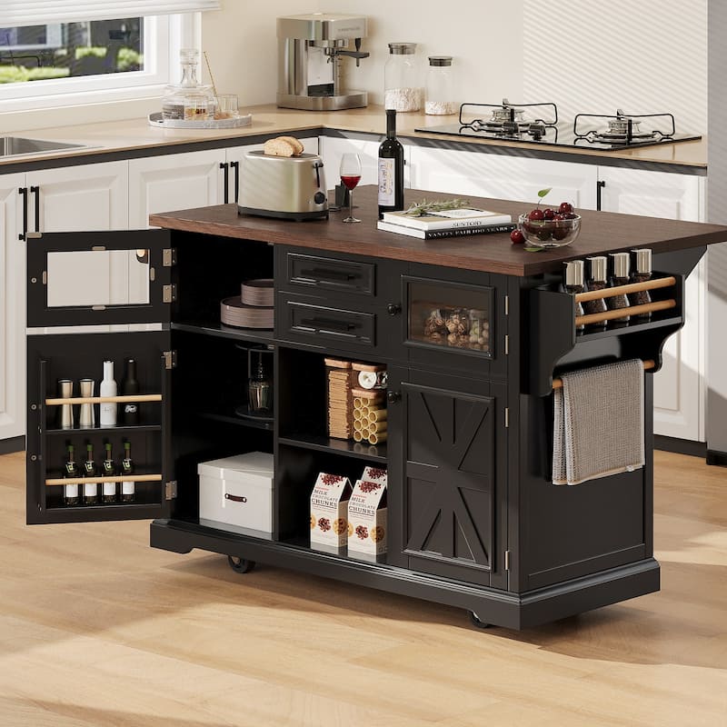 54.9" Kitchen Island with Drop Leaf, Power Outlet, Storage Cart Featuring Cross Barn Doors & Glass Front, Rolling on 4 Wheels